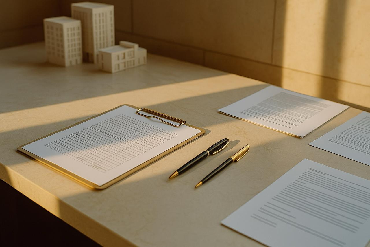Clipboard with a table, two black and gold pens, and scattered documents on a beige desk with wooden models in the background.