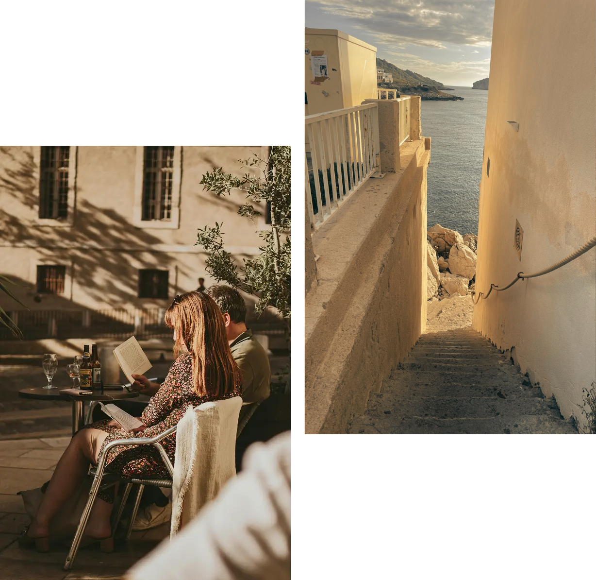 Couple reading at a sunny café terrace in Marseille; view of the Old Port (Vieux-Port) framed by buildings with Marseille Cathedral in the background.