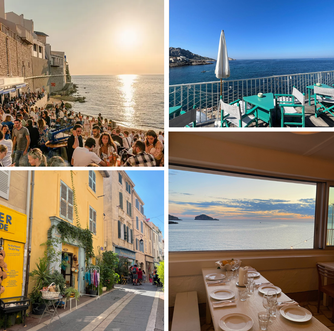 People enjoying a summer sunset in Marseille: seaside crowds, friends taking photos at golden hour, and a waterfront table set for dinner with city views