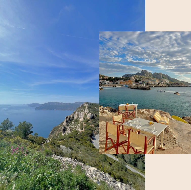 View of Marseille city framed by historic architecture; woman walking through a lavender field in Provence.