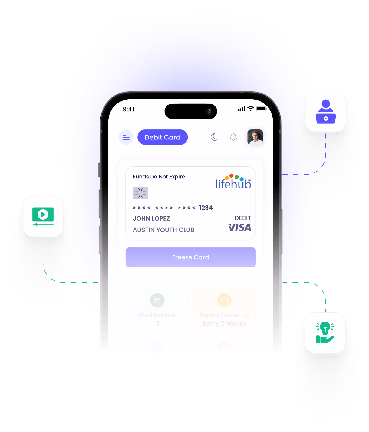 LifeHub student rewards debit card in mobile app.