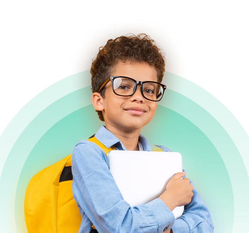 Confident student using learn-to-earn education app for kids.