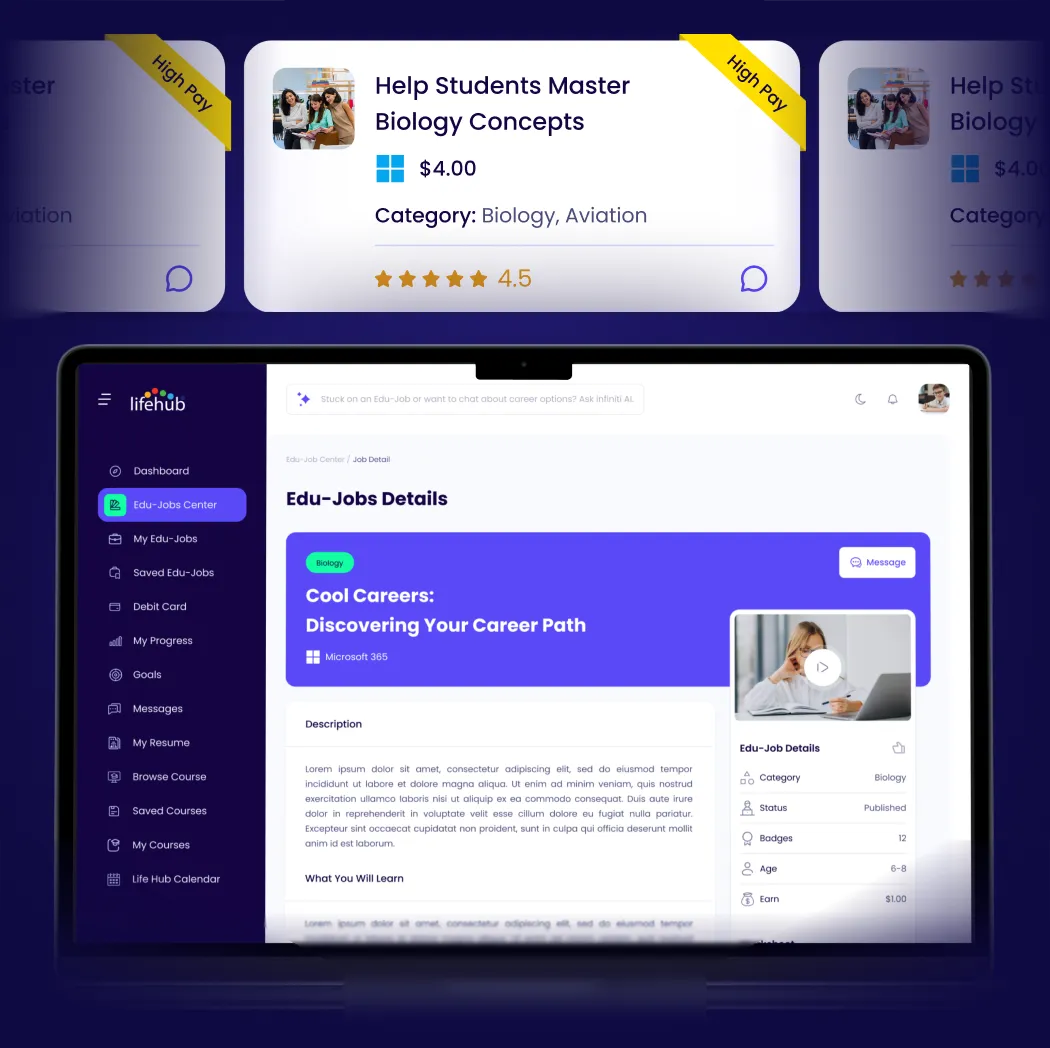 Edu-Jobs learning module details on LifeHub platform.