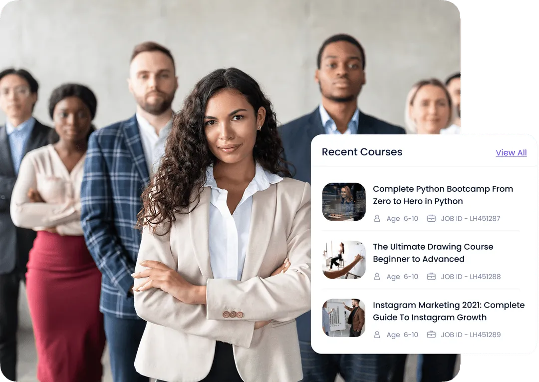 Edu-Jobs learning modules with team and recent course listings.