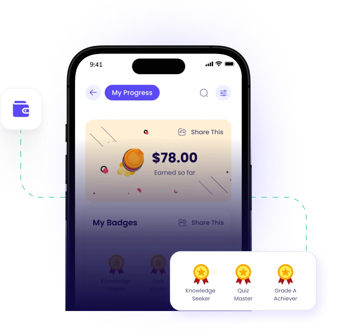 Student rewards card education app showing $78 earned and badges unlocked.