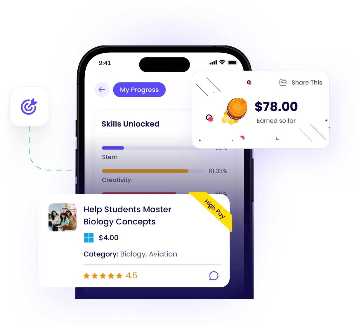 Learn-to-earn app for kids showing unlocked skills and student rewards earnings.