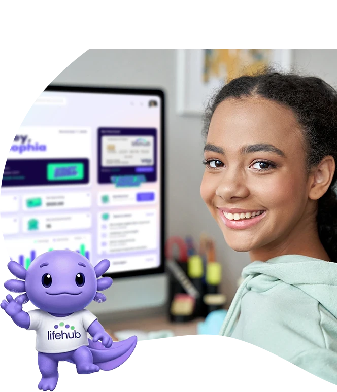 Life Hub Infiniti AI app interface showing AI-powered learning tools for kids