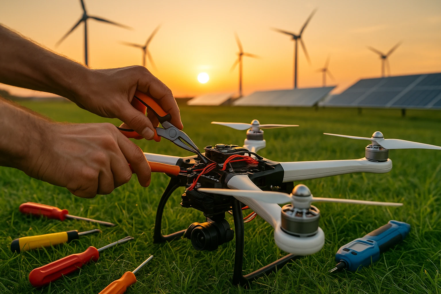 A close-up of hands assembling a drone using various colorful, advanced tools and components on a grassy field, with the sun setting behind a backdrop of futuristic wind turbines and solar panels in the distance.