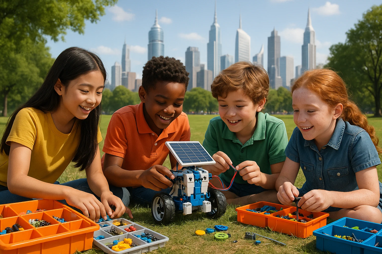 A vibrant outdoor scene shows a group of diverse children collaborating on a solar-powered robot project, surrounded by colorful educational kits and tools, with a futuristic city skyline in the background symbolizing rapid societal change.