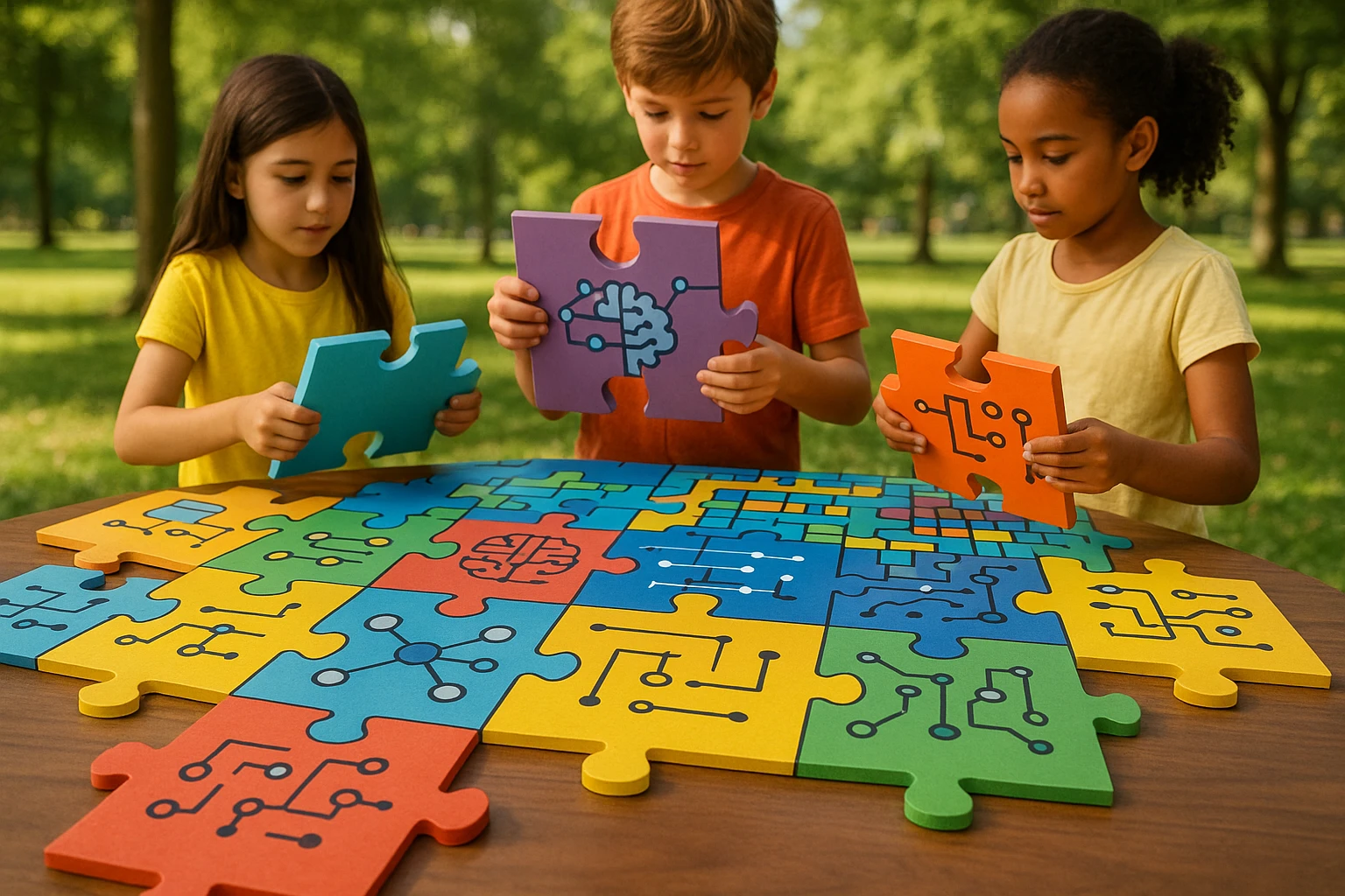 A table covered with colorful, oversized puzzle pieces featuring simplified AI concepts like neural networks and algorithms, set in a bright outdoor park with children assembling a large, interactive AI-themed mosaic.