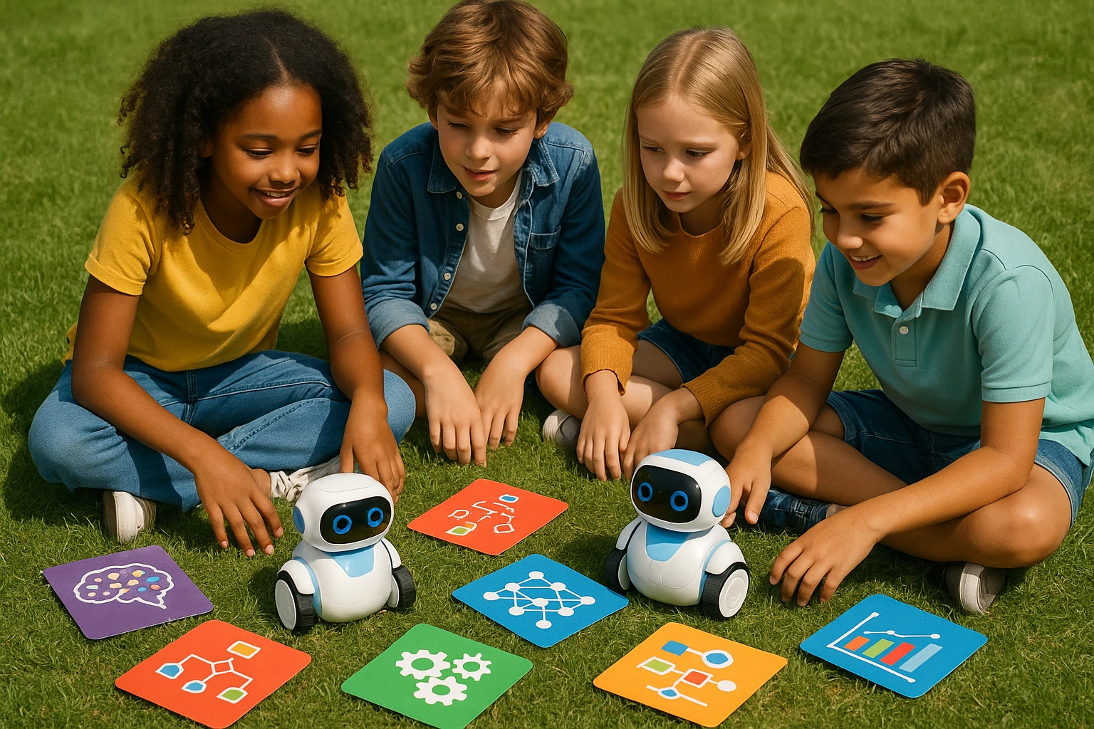 A group of children is gathered outdoors, playing with educational robots on a grassy field, while colorful AI-themed cards spread around them illustrate basic concepts of machine learning and algorithms.