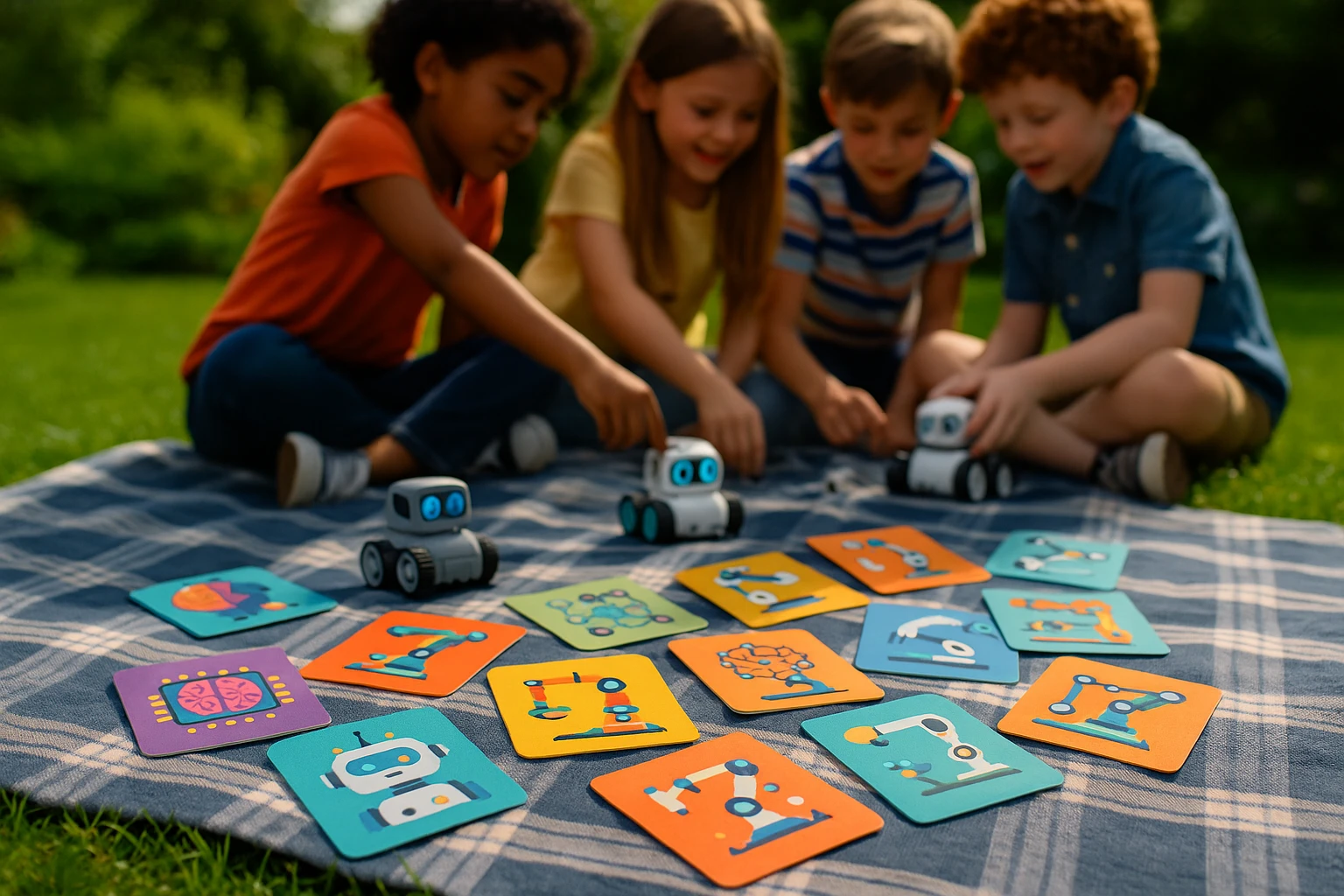 A collection of colorful AI-themed educational cards scattered across a picnic blanket in a lush garden, with children in the background engaged in a playful collaborative learning activity involving AI models and miniature robots.