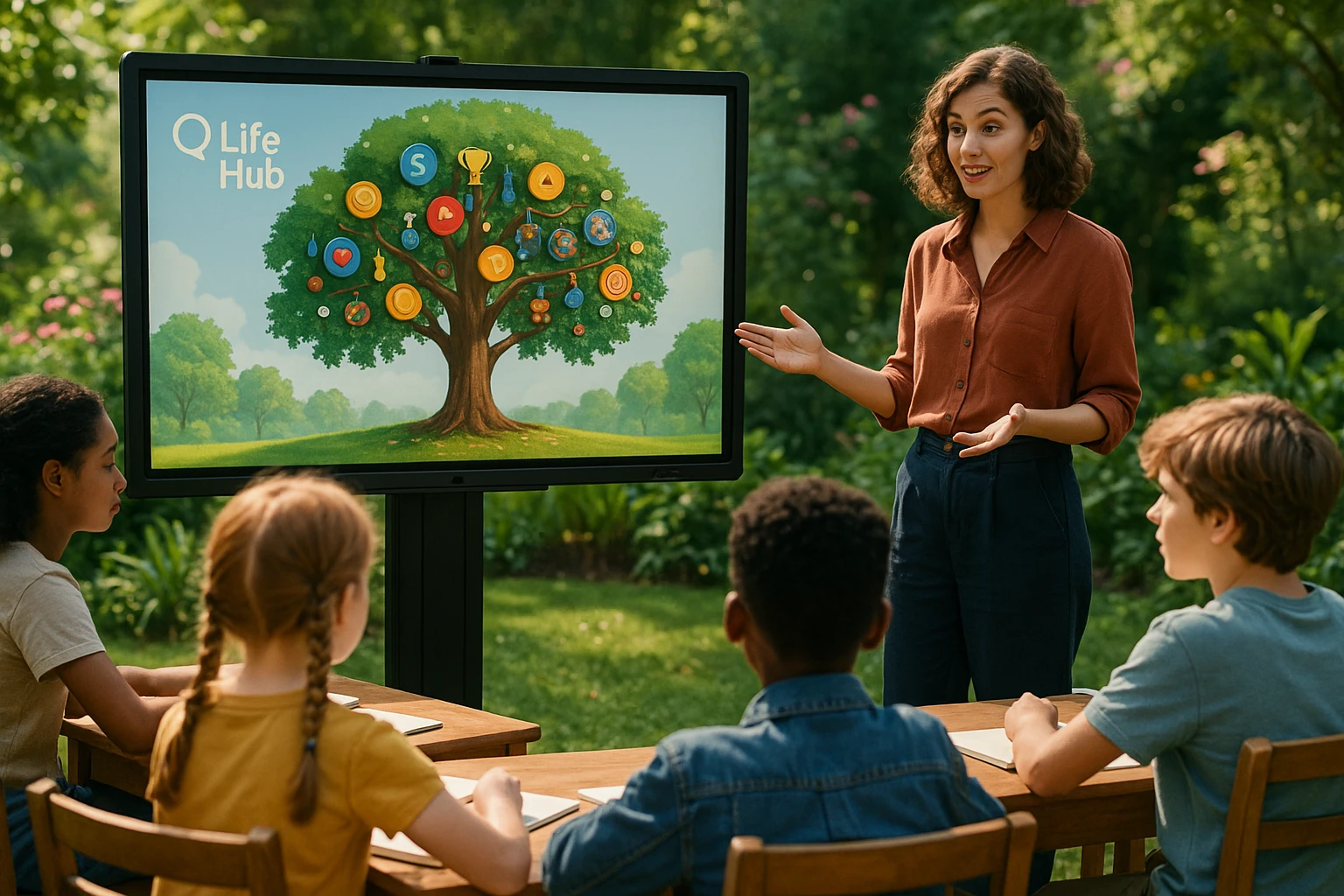 A dynamic classroom scene set in a garden, where a large interactive board displays the 