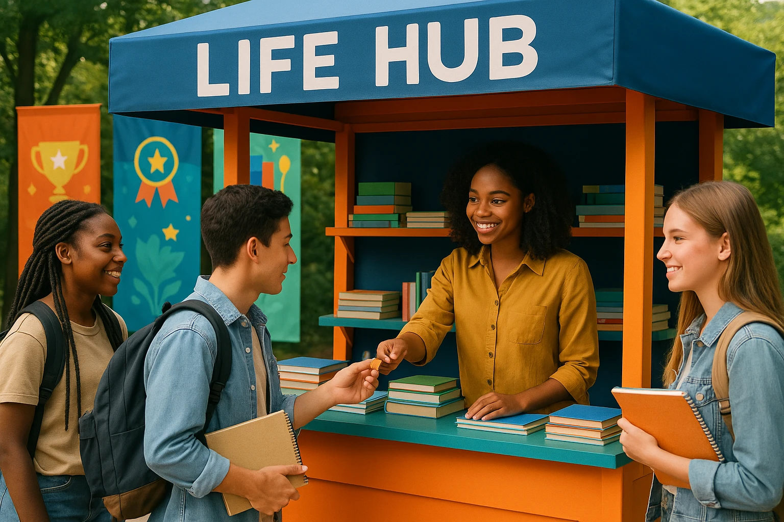 A group of students gathering around a vibrant outdoor kiosk named 