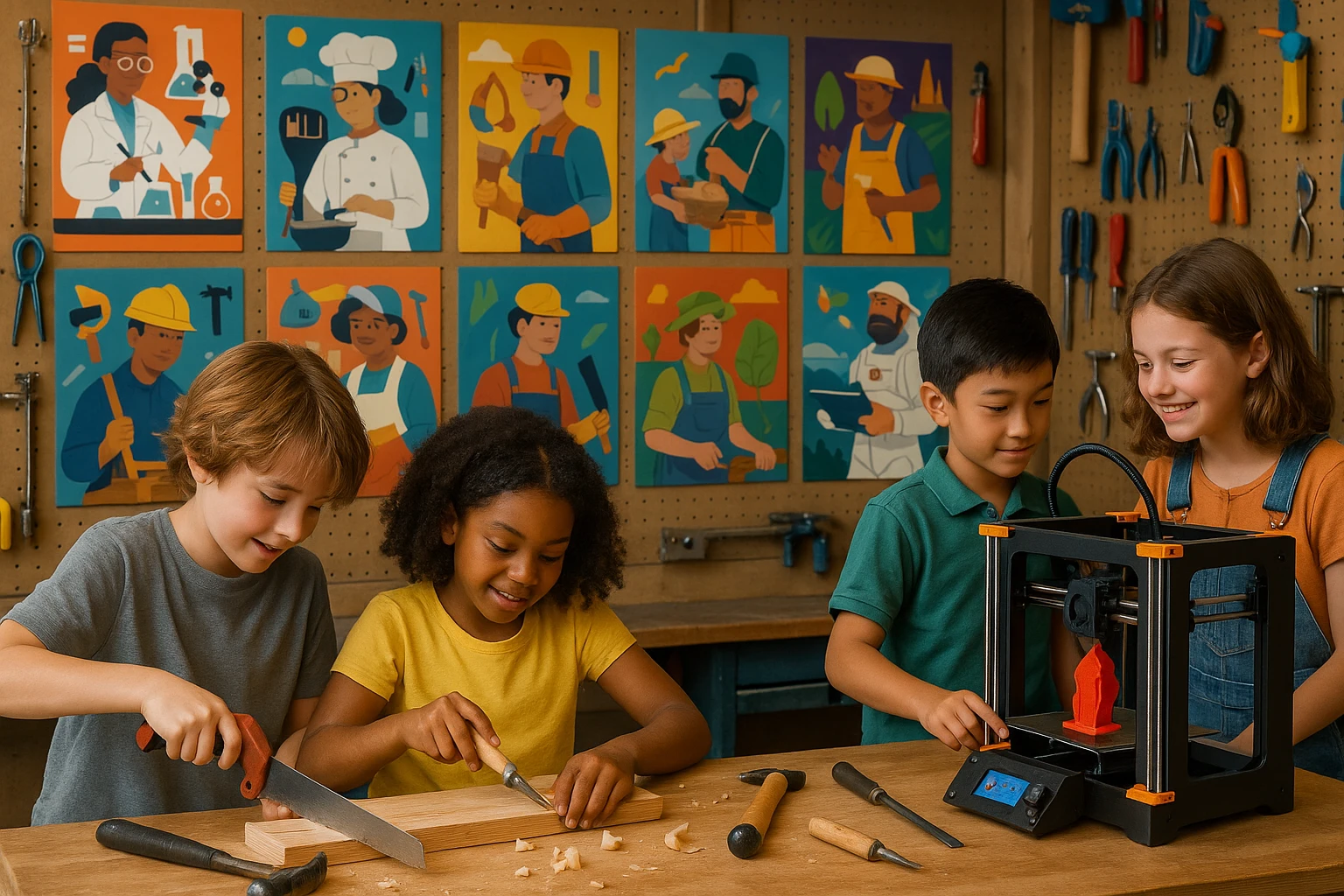 A vibrant workshop scene with children using woodworking tools and 3D printers, surrounded by colorful posters depicting various trades and careers, highlighting the hands-on experience Life Hub offers in career discovery.