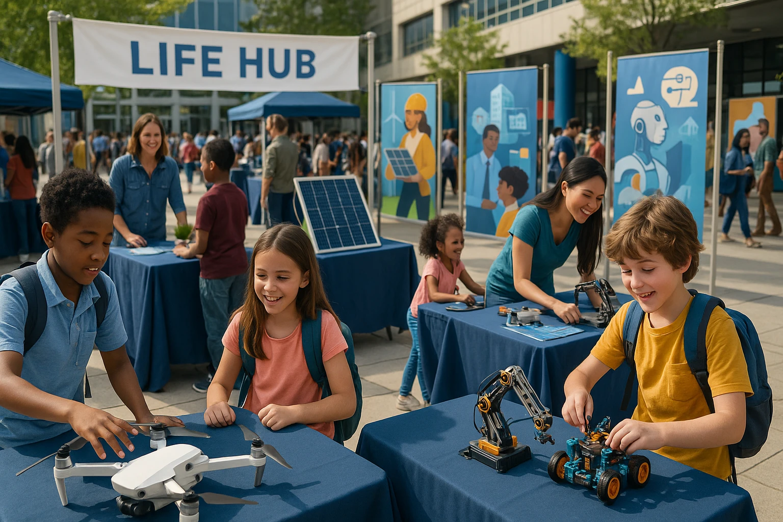 A bustling outdoor career fair at Life Hub with diverse booths featuring interactive displays of drones, solar panels, and robotics kits, surrounded by banners illustrating modern career paths and excited children engaged in hands-on activities.