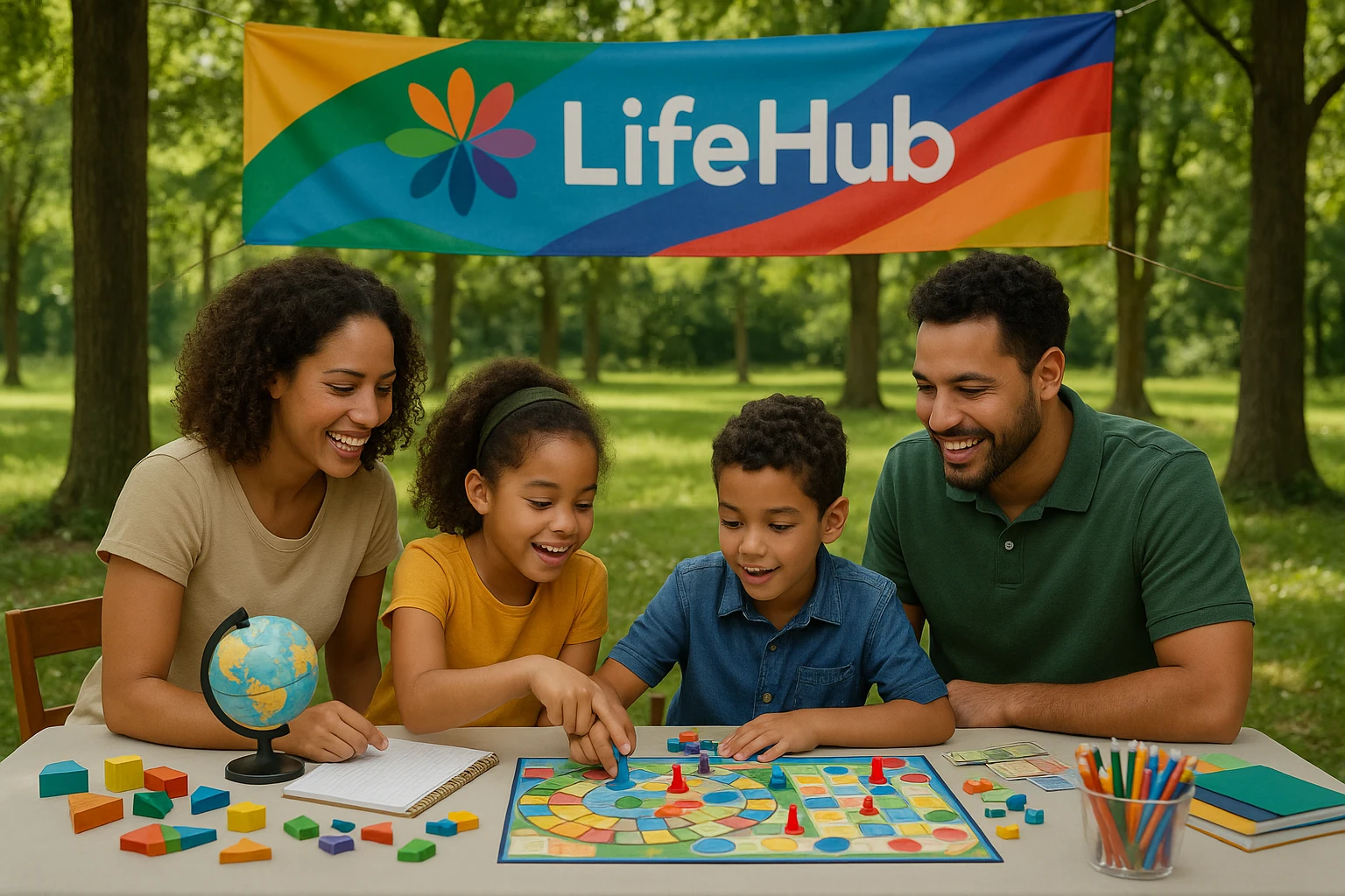 An outdoor scene where a family is gathered around a table filled with educational materials and board games, with the Life Hub logo on a colorful banner overhead, illustrating active learning and engagement in a natural setting.
