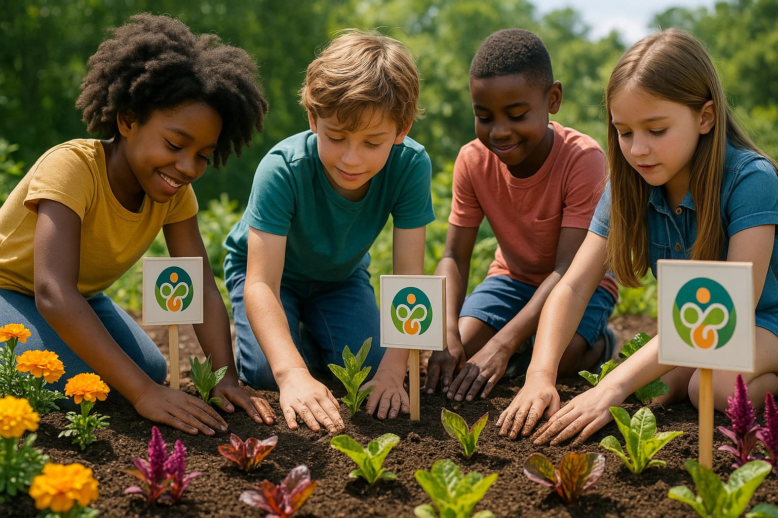 A group of children are planting a community garden with hands in soil, surrounded by colorful plants and educational signs displaying the Life Hub logo, demonstrating teamwork and growth.