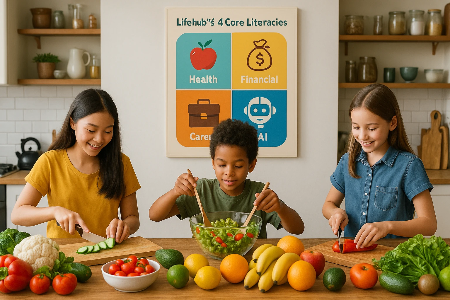 A vibrant kitchen scene where children are actively engaged in cooking healthy meals, with fresh vegetables and colorful fruits laid out on a large wooden table, while an interactive poster on the wall illustrates 