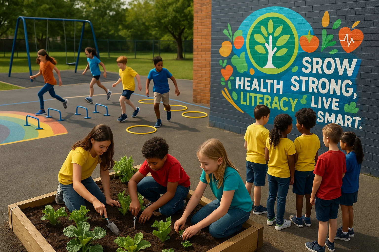 A colorful outdoor school playground where children are engaged in various health-related activities: one group is planting vegetables in a small garden, another is running an obstacle course, while a third group gathers around a vibrant mural displaying the Life Hub logo and the words 