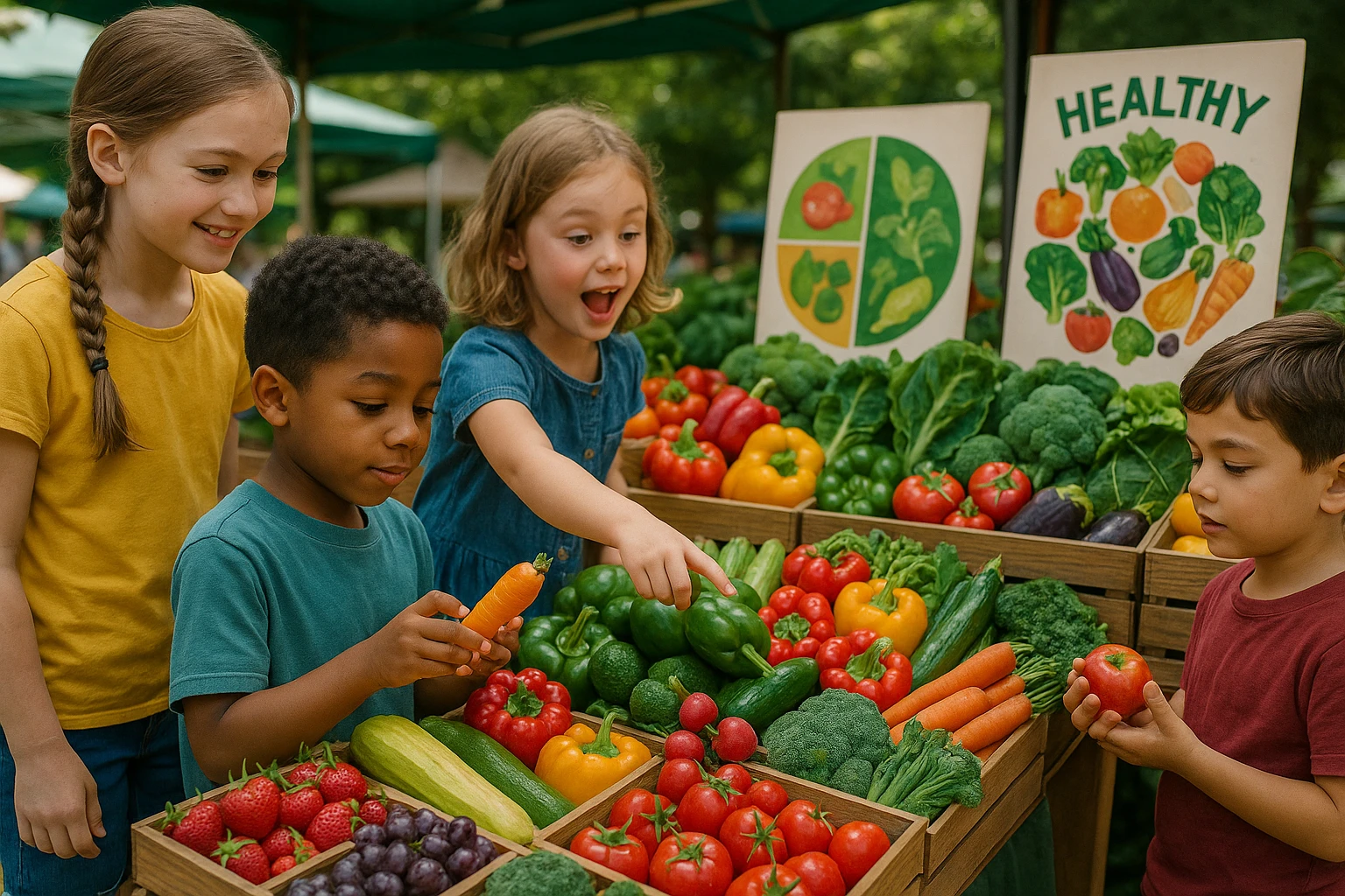 A vibrant outdoor farmers market stall where children excitedly explore colorful fruits and vegetables, with educational signs about nutrition and healthy eating displayed prominently among the produce.