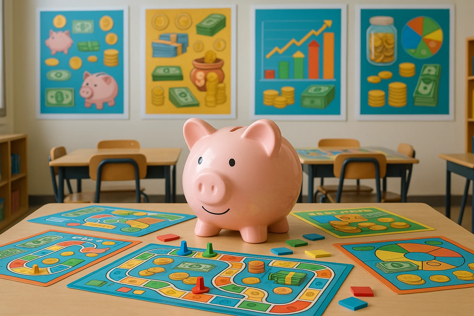 A vibrant children's classroom filled with diverse educational posters about money management, featuring a large piggy bank on a table surrounded by colorful board games that teach budgeting and saving strategies through playful interactions.
