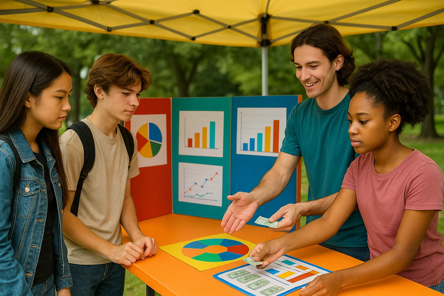 A group of teenagers is gathered around a colorful outdoor financial literacy booth at a community park, examining a series of interactive displays with charts and play money, while a volunteer demonstrates a game involving budgeting and saving.