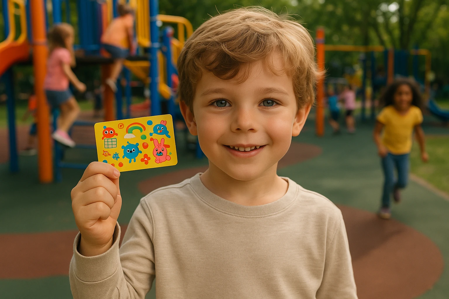 A child holding a brightly colored debit card featuring playful icons and cartoon characters, set against the backdrop of a vibrant playground where kids are actively playing and engaging in various outdoor activities.
