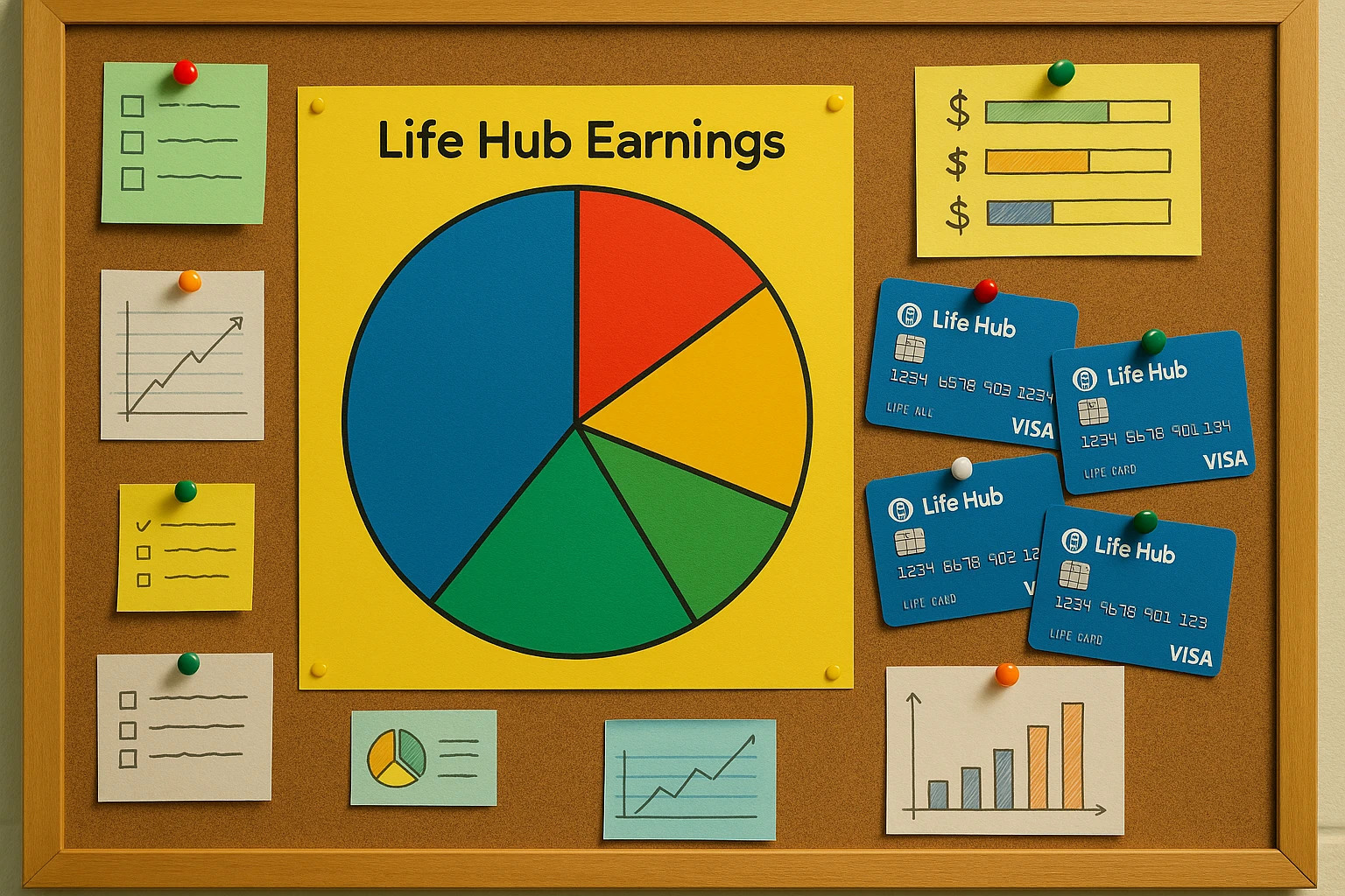 A colorful bulletin board in a classroom displaying a pie chart labeled 