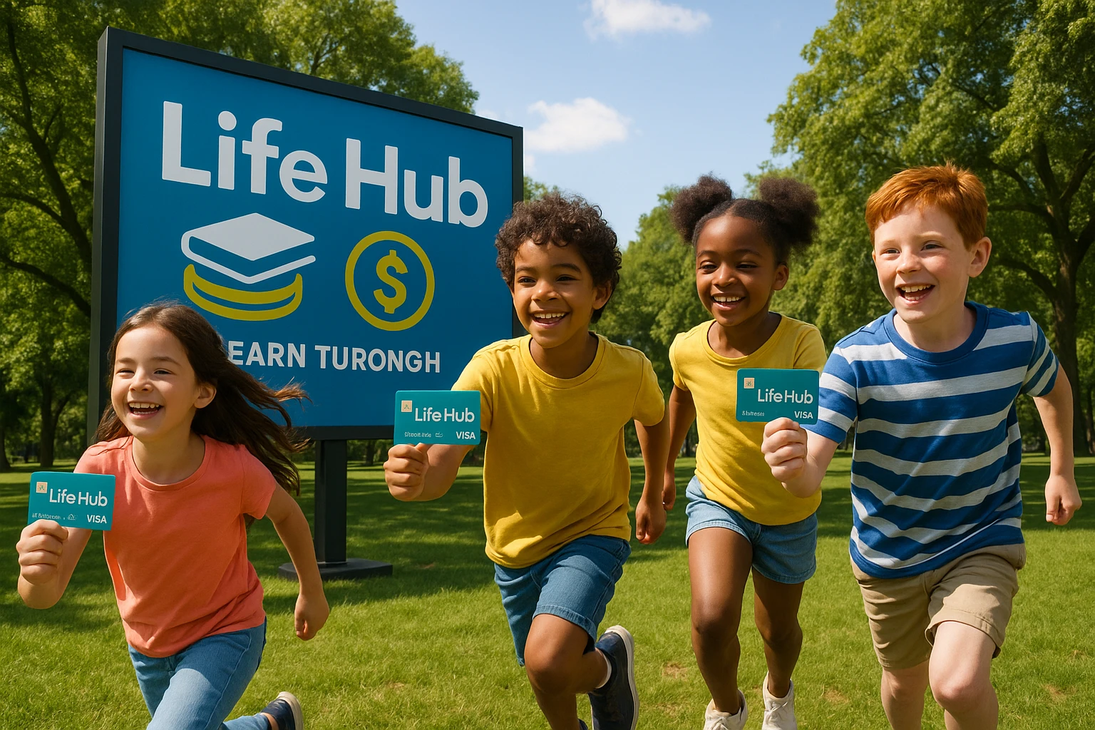 A vibrant outdoor scene of children running through a park, each holding a Life Hub Visa card, with a larger-than-life Life Hub logo displayed on a nearby billboard illustrating the concept of earning through learning.