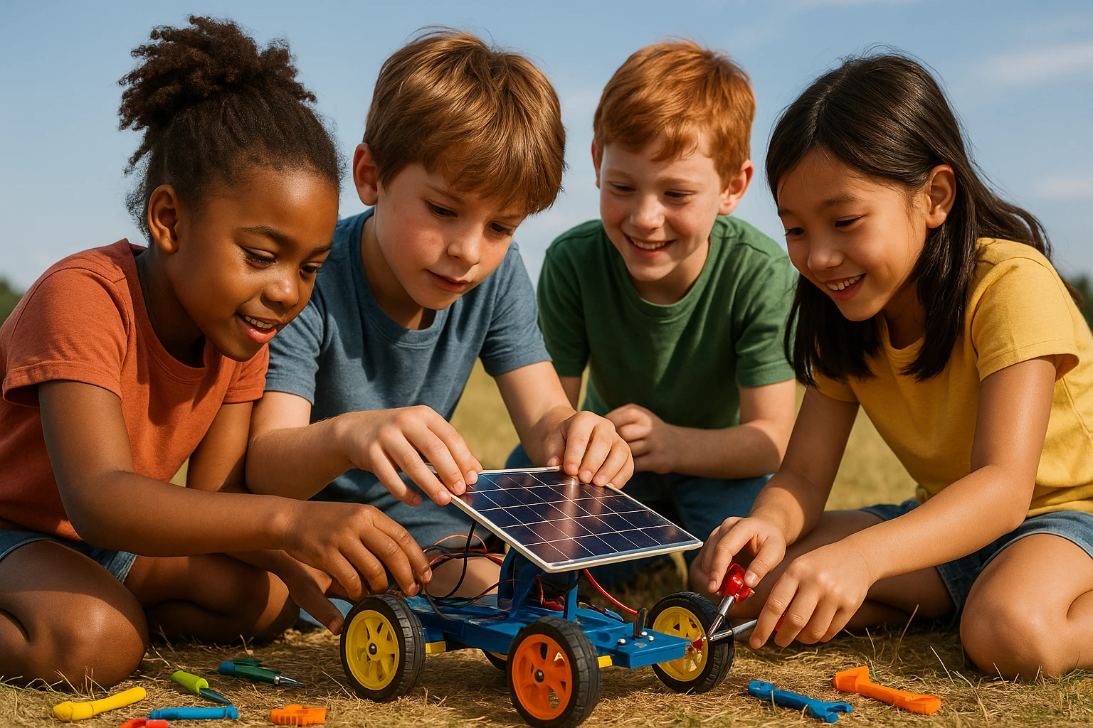A group of children constructing a small solar-powered car in an open field, using colorful tools and parts, with sunlight gleaming on their project and a blue sky overhead. The scene is lively with teamwork and creativity.