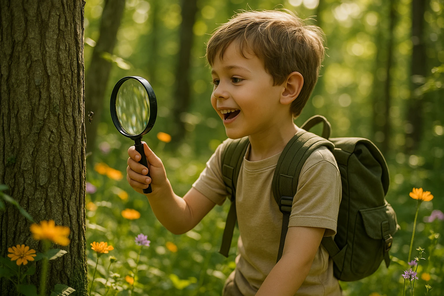 A child wearing a backpack joyfully exploring a lush wooded area, using a magnifying glass to examine insects on a tree, surrounded by vibrant wildflowers and sunlight filtering through the leaves.