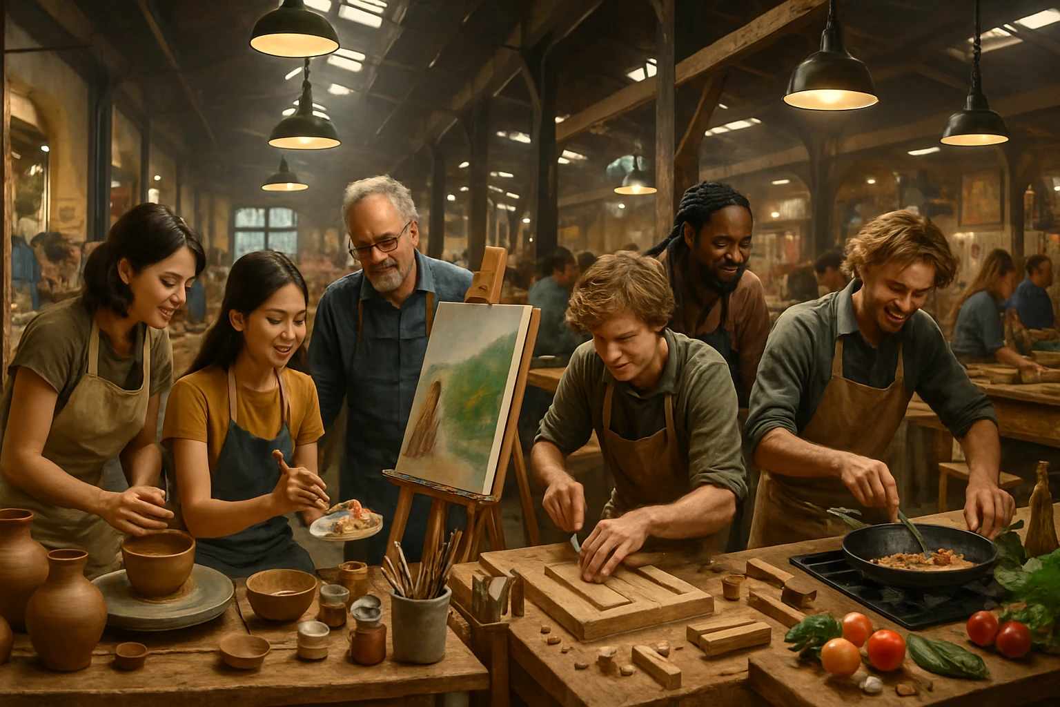 A vibrant indoor market scene featuring a variety of stalls showcasing different trades, like pottery, painting, woodworking, and culinary arts, with young people actively engaging and experimenting with these crafts under the guidance of mentors.
