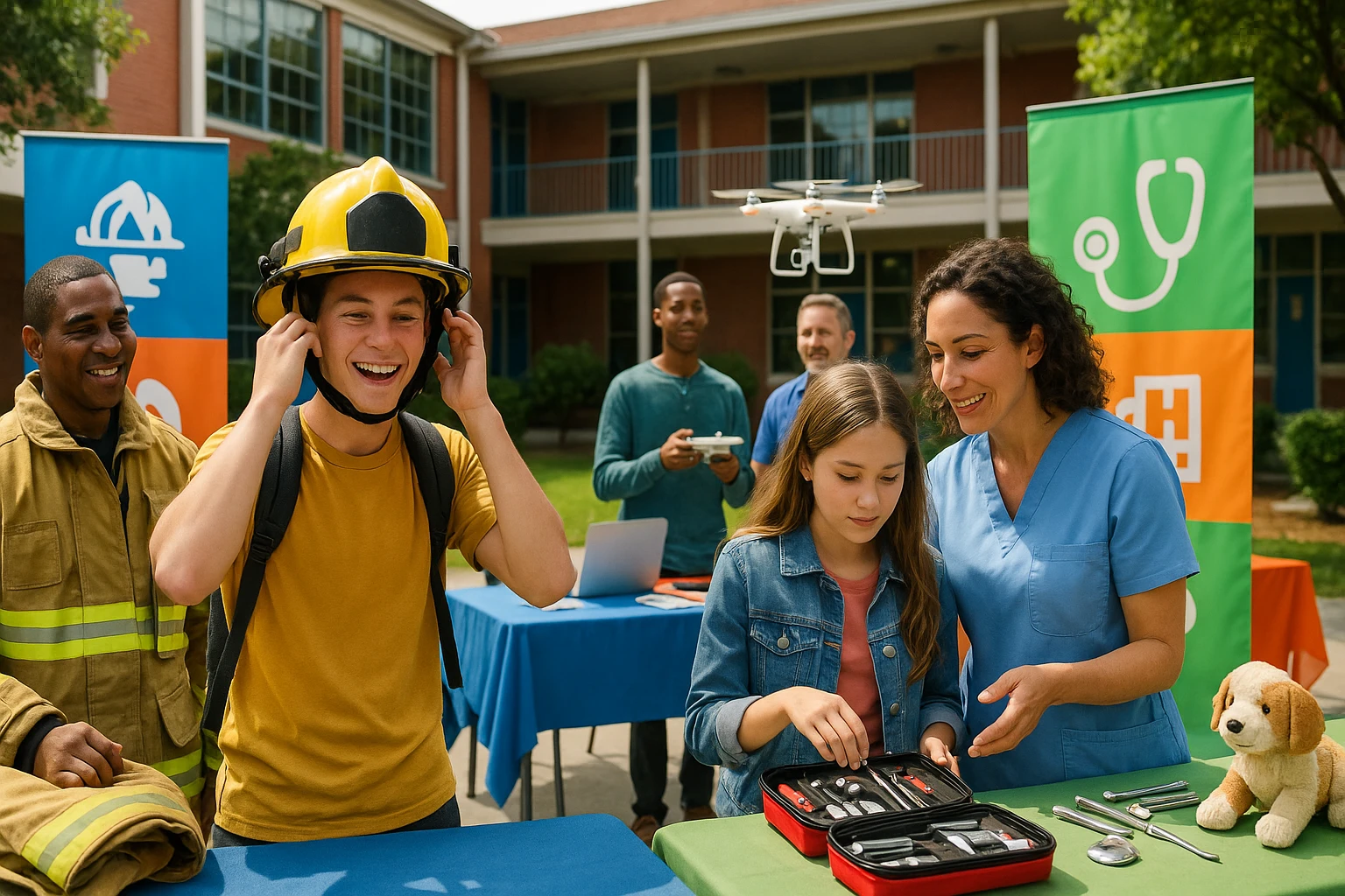 A vibrant school courtyard bustling with interactive career exploration booths, featuring a young person enthusiastically trying on a firefighter's helmet, another examining a veterinarian's toolkit, and a third engaging with a drone flying station, all surrounded by enthusiastic mentors and colorful informational banners.