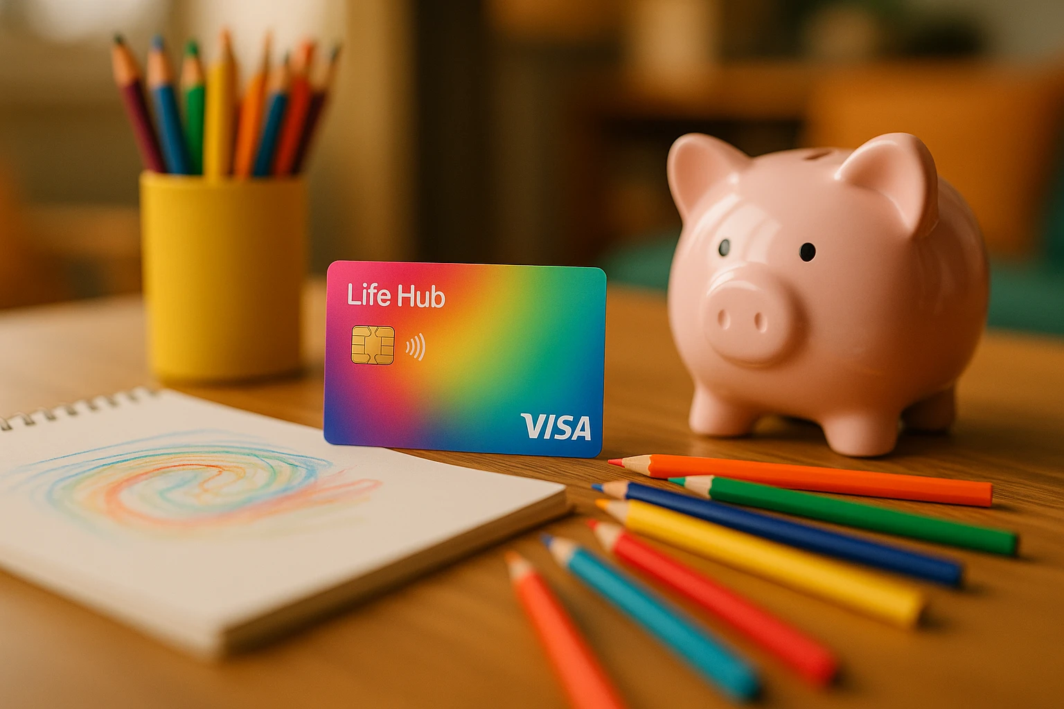 A colorful indoor scene shows a Life Hub Visa Card resting on a wooden table next to a child's art supplies, like colored pencils and a sketchpad, with a piggy bank nearby, illustrating financial creativity and hands-on learning at home.