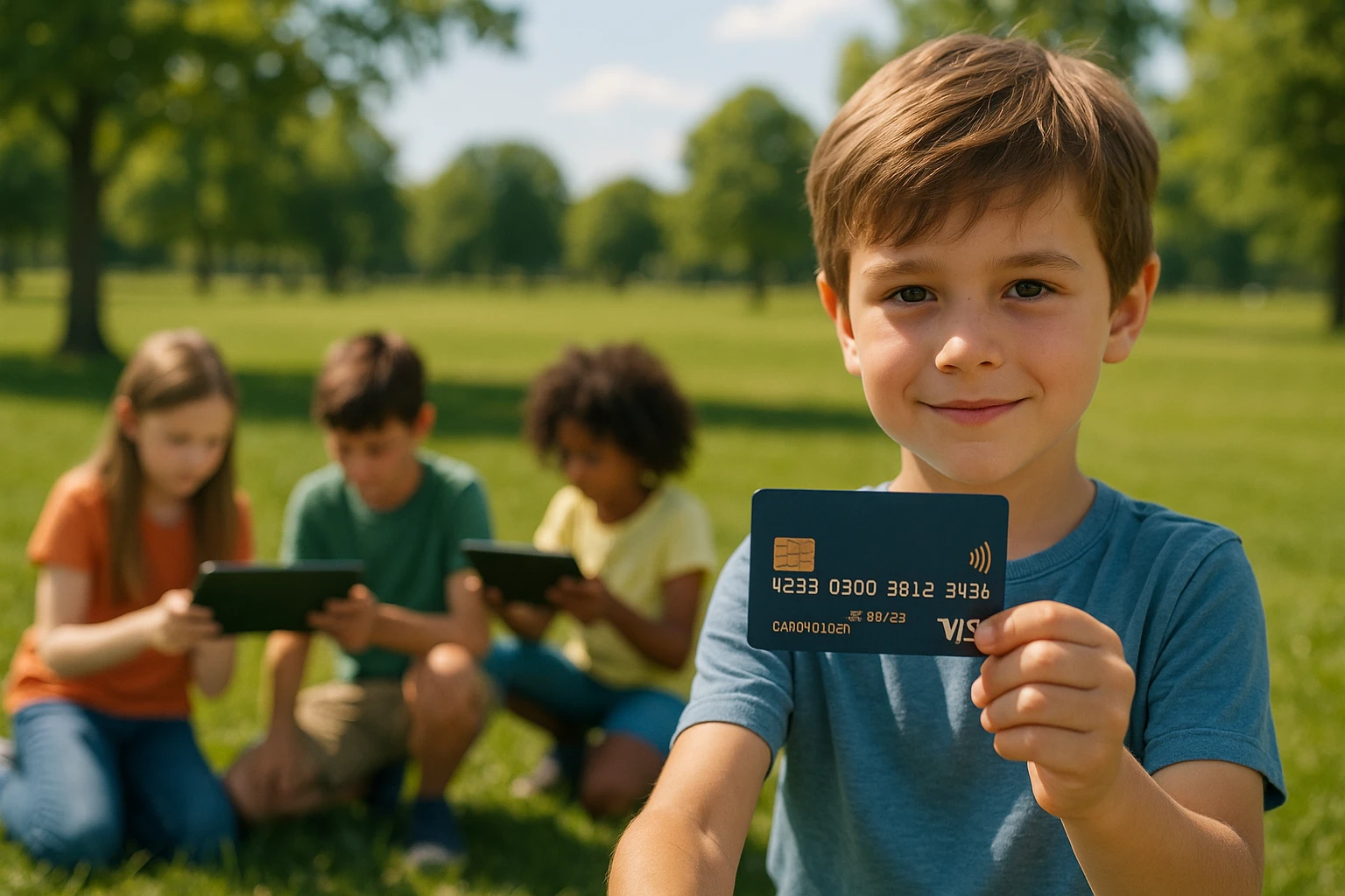 A child is outdoors on a sunny day, holding the Life Hub Visa Card against a backdrop of a park, while nearby a group of kids play with augmented reality games on tablets, illustrating the blend of outdoor fun and digital financial learning.
