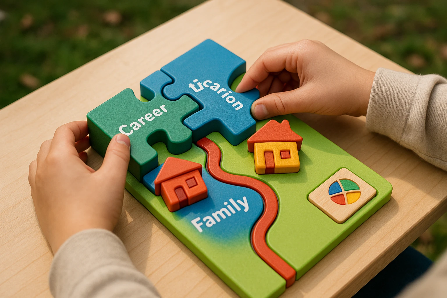 A close-up of a child's hands assembling a colorful, 3D puzzle map of their dream life path outdoors, with sections labeled for career, education, and family, enhanced by a small plaque featuring the My Dream Life logo in the corner.