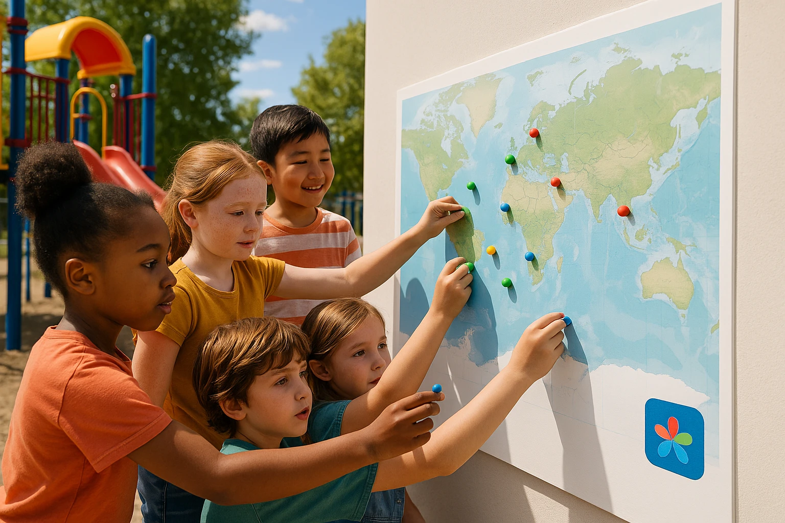 A vibrant playground scene where children are gathered around a large, interactive map projected onto a wall, using colorful magnetic pins to mark their future goals under a sunny sky, with the Life Hub app logo subtly displayed in the corner of the setup.