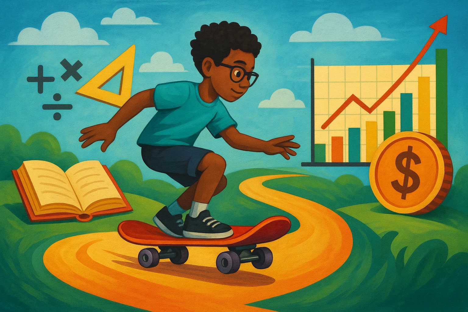A vibrant street mural illustrating the concept of contextual learning, with images of a skateboard, mathematical symbols, and economic graphs, all integrated into a playful, educational scene designed to capture passersby’s interest.