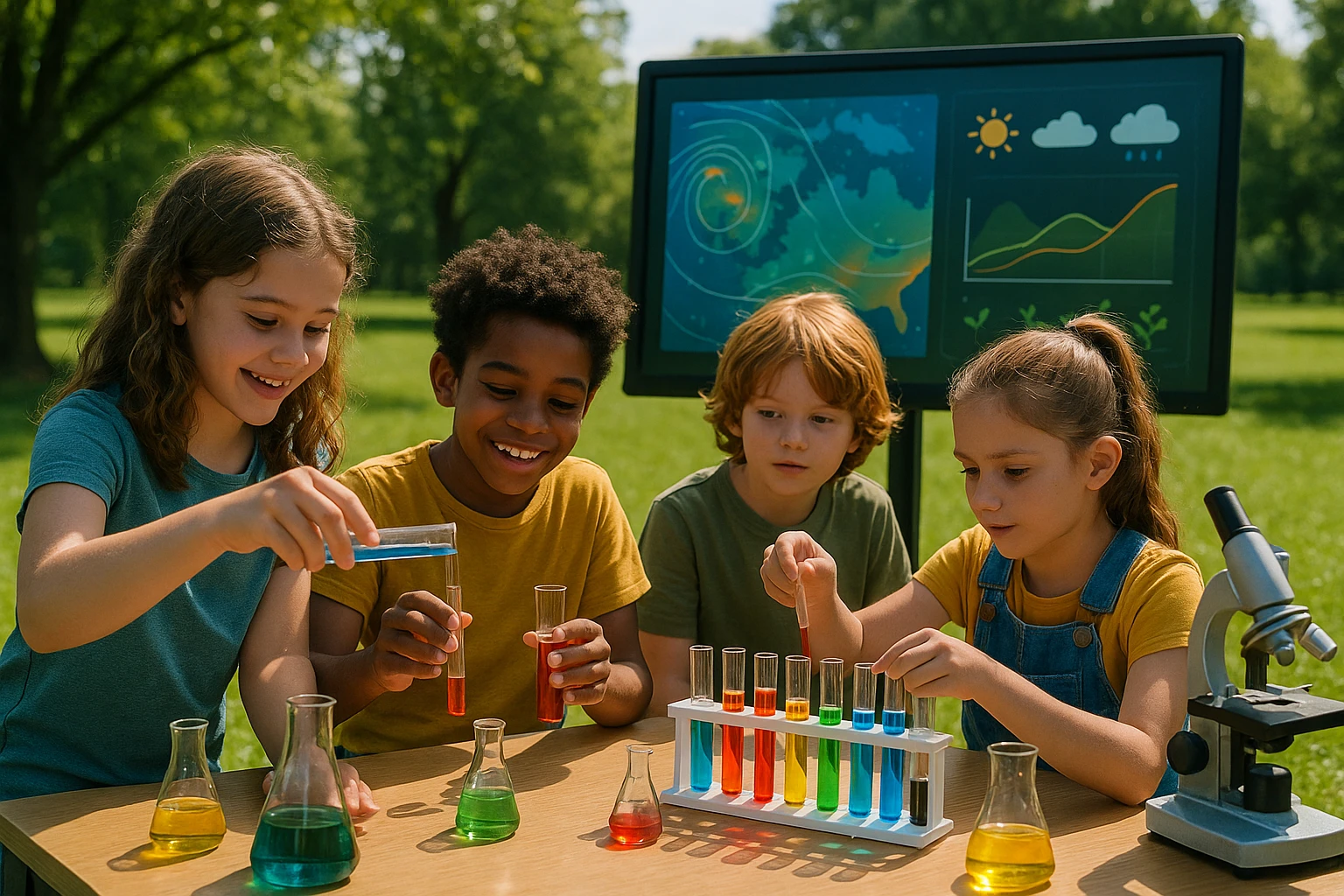 A dynamic scene in a park where a group of children is engaged in an outdoor science experiment, using colorful test tubes and lab equipment. Nearby, a large interactive board displays real-time data on weather patterns and plant growth, seamlessly blending contextual learning with nature.