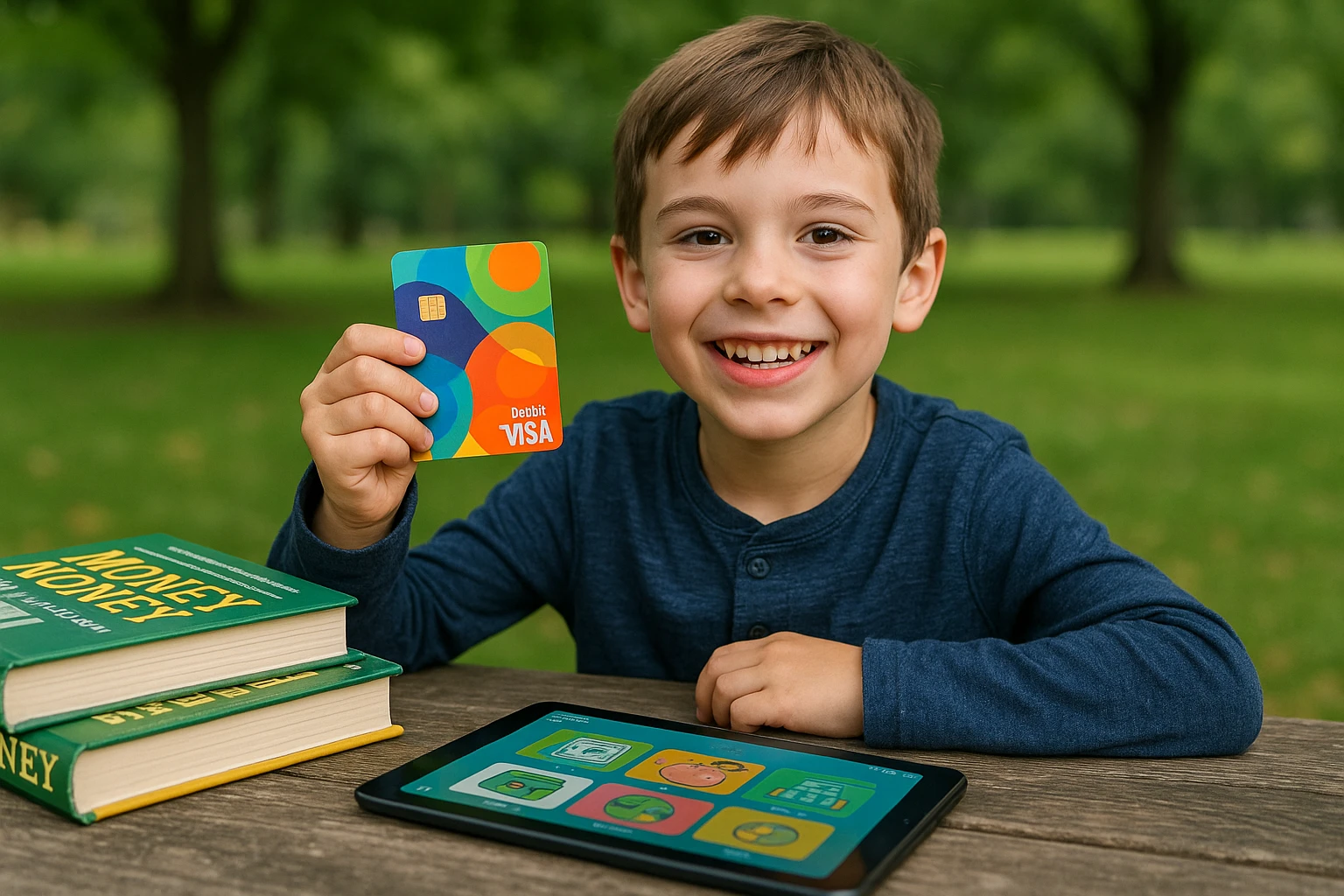 A child holding a colorful debit card with the 