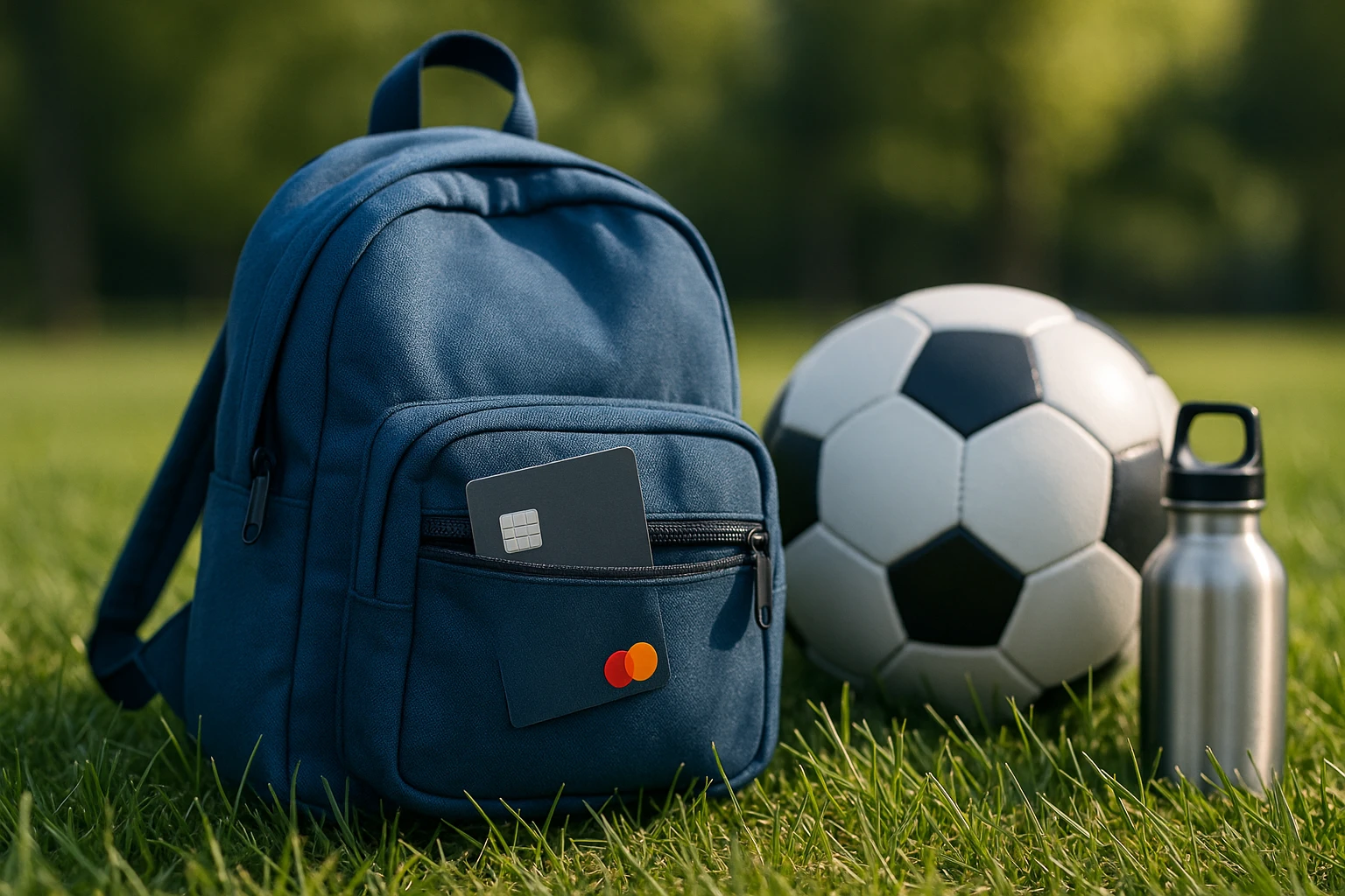 A child's backpack on the grass with a Life Hub Visa® Rewards Card partially visible in an outer pocket, next to a soccer ball and water bottle, emphasizing an active, on-the-go lifestyle paired with financial learning.