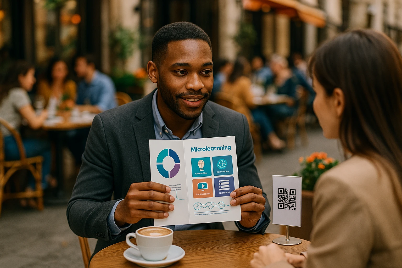 A vibrant outdoor café scene where a young professional is sharing a Life Hub branded booklet with intricate infographics, illustrating micro-learning techniques, while a petite banner displays a QR code linking to monetized learning materials.