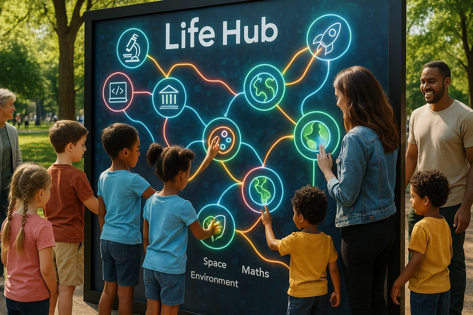 A bustling park scene with a large Life Hub-branded interactive mural featuring touchable symbols representing different subjects of micro-learning; children and adults gather around, tapping symbols to light up paths leading to fun facts, showcasing monetized learning opportunities.