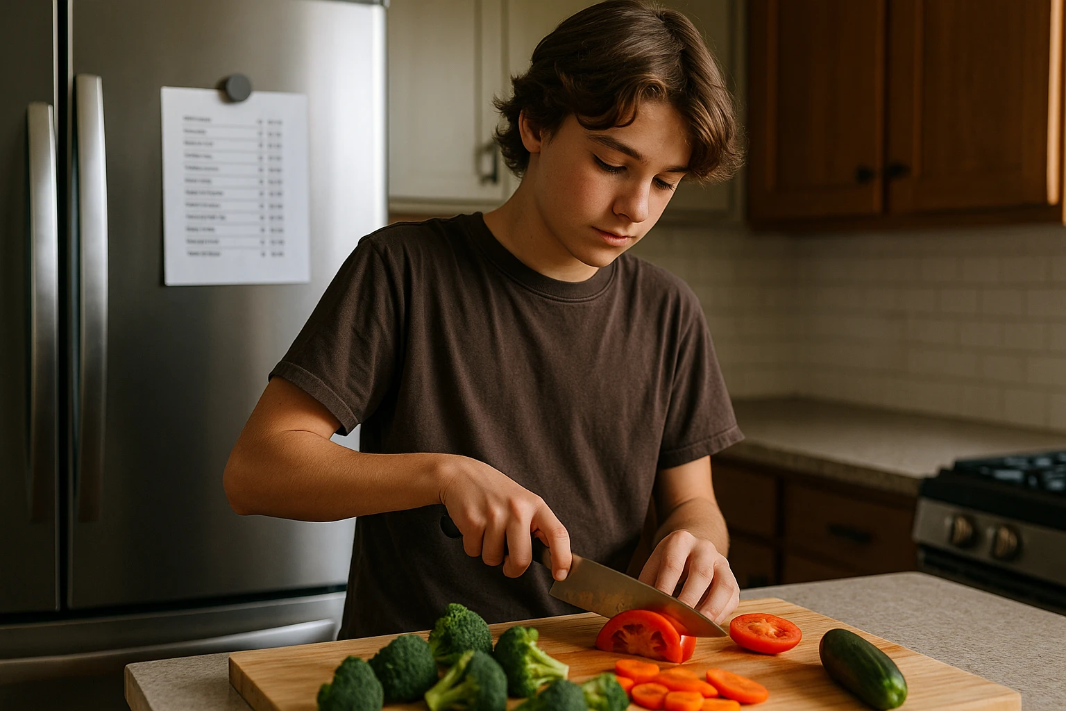 A teenager stands in a kitchen setting, skillfully chopping vegetables with a knife. Nearby, a list of household tasks with monetary values is pinned on the fridge, illustrating a commission-based system where effort leads to earnings.