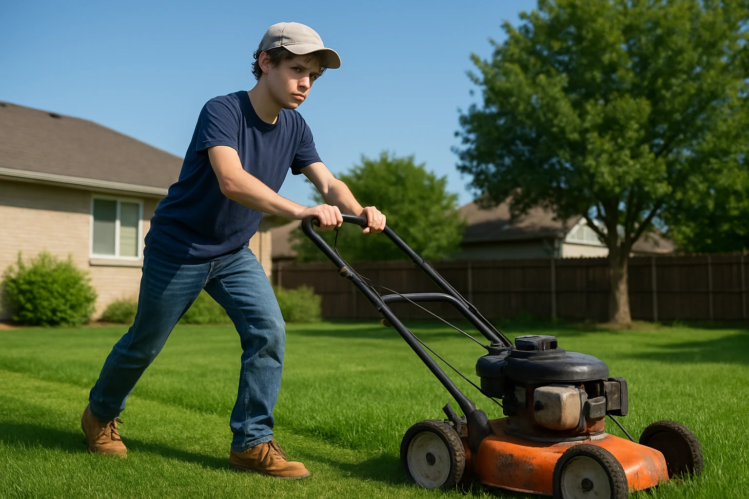 A teenager mowing a lawn with a push mower in a suburban backyard under a clear blue sky, earning money through hard work instead of receiving a standard allowance.