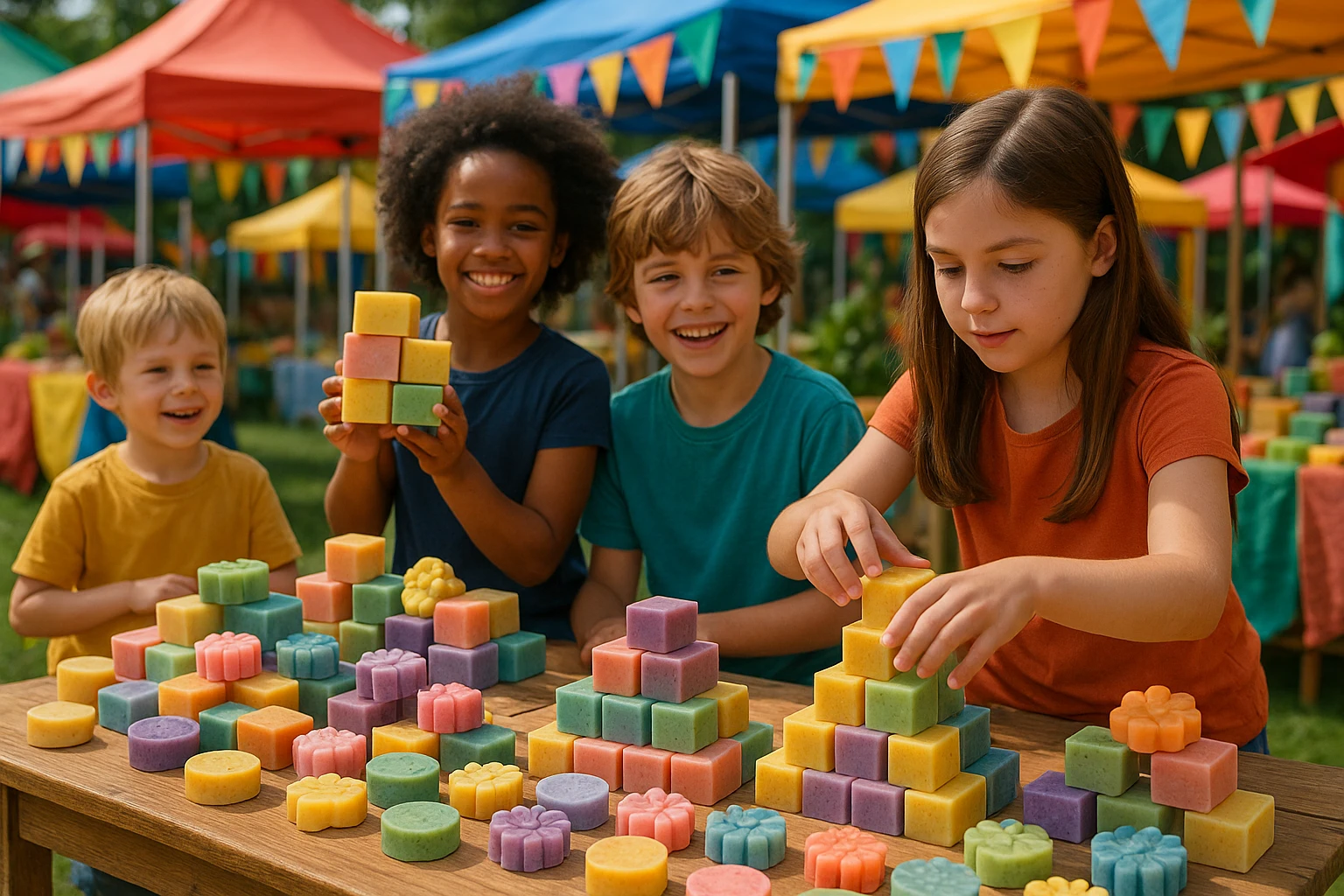 A group of children in a colorful outdoor market are enthusiastically crafting and selling handmade soap. Brightly colored tents and banners display their creations, while one child arranges the soaps in intricate, eye-catching patterns on a wooden table.