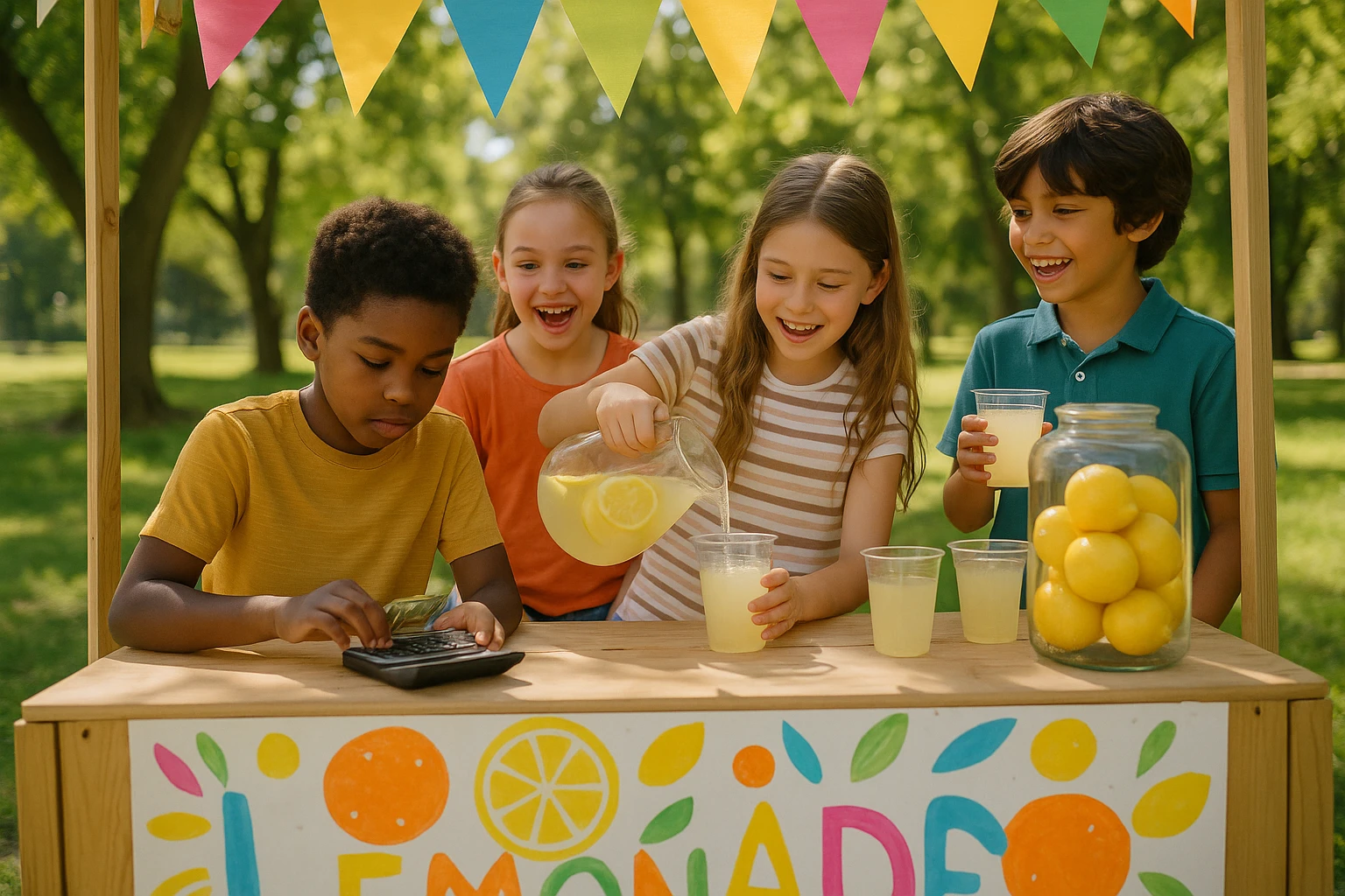 A group of children in a sunny park setting, enthusiastically operating a lemonade stand adorned with colorful, handmade signs, while one child counts money using a calculator.