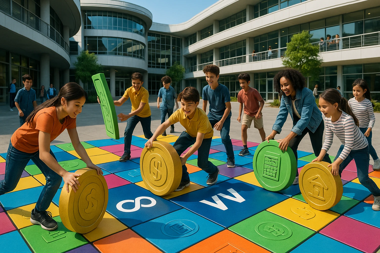 A dynamic scene of a futuristic school courtyard where a giant, interactive financial literacy board game is set up, featuring large, colorful tiles with the Life Hub Infiniti and Visa logos prominently displayed. Children aged 6 to 18 enthusiastically play, moving oversized game pieces shaped like coins and bank notes, with educational symbols etched into them.