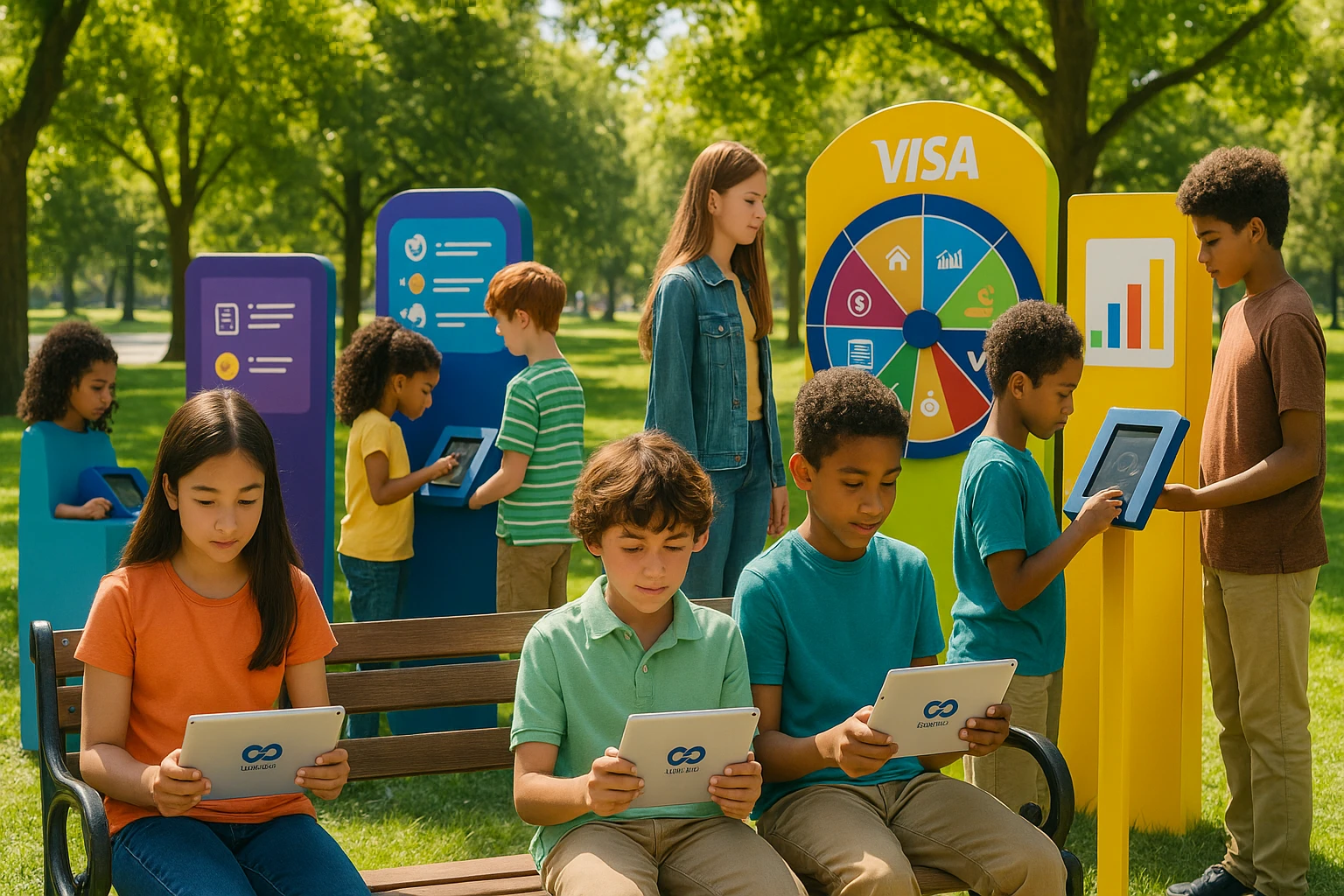 A vibrant outdoor scene of a park with children aged 6 to 18 engaged in hands-on activities, such as using interactive financial literacy games on tablets printed with the Life Hub Infiniti logo, surrounded by colorful educational displays featuring Visa's branding and financial tips.